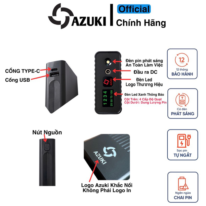 Pin AZUKI SUPER ULTRA 2023 Li-Polymer Dòng 26000MAH Cực Trâu Sử Dụng Cho Quạt 13V[ BH 12T Chính Hãng]