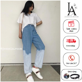 Quần Jean ống rộng nữ JEANSLA pha 2 màu trắng xanh Cạp cao form suông mix đồ siêu chất độc lạ [#QJL27]