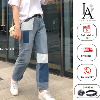 Quần Jean nữ JEANSLA Xanh phối màu hoạ tiết "May vá" ống rộng cạp cao siêu Độc Lạ Cá tính [#QJL16]