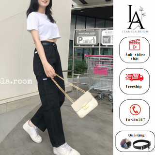 Quần Jean ống rộng JEANSLA Đen Cạp cao form suông Túi hộp vuông gối phải Basic Thời thượng [#QJL24]