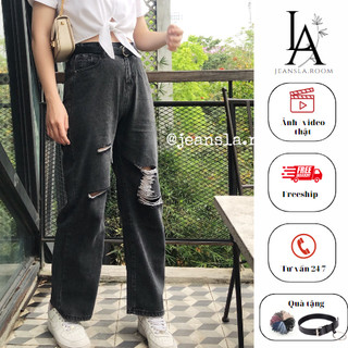 Quần Jean nữ JEANSLA Đen Rách Basic ống rộng cạp cao, cạp chun kết hợp khoá siêu thời thượng [#QJL19]