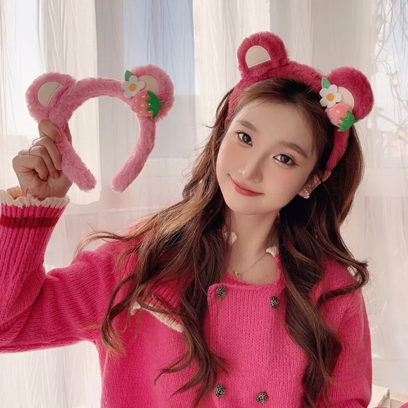 Băng Đô Cài Tóc Rửa Mặt Hình Tai Gấu Dâu Tây Lông Nhung Dễ Thương Xinh Xắn