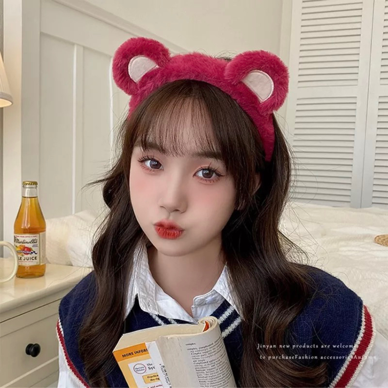 Băng Đô Cài Tóc Rửa Mặt Hình Tai Gấu Dâu Tây Lông Nhung Dễ Thương Xinh Xắn