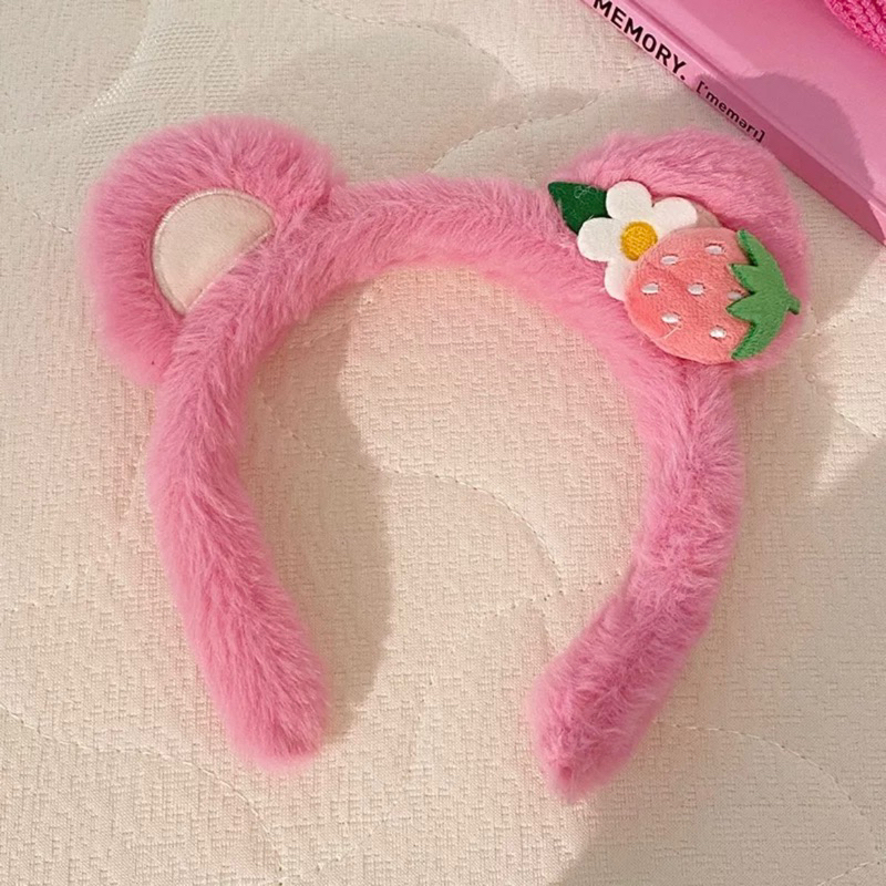 Băng Đô Cài Tóc Rửa Mặt Hình Tai Gấu Dâu Tây Lông Nhung Dễ Thương Xinh Xắn