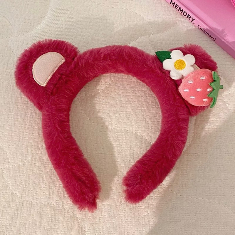 Băng Đô Cài Tóc Rửa Mặt Hình Tai Gấu Dâu Tây Lông Nhung Dễ Thương Xinh Xắn