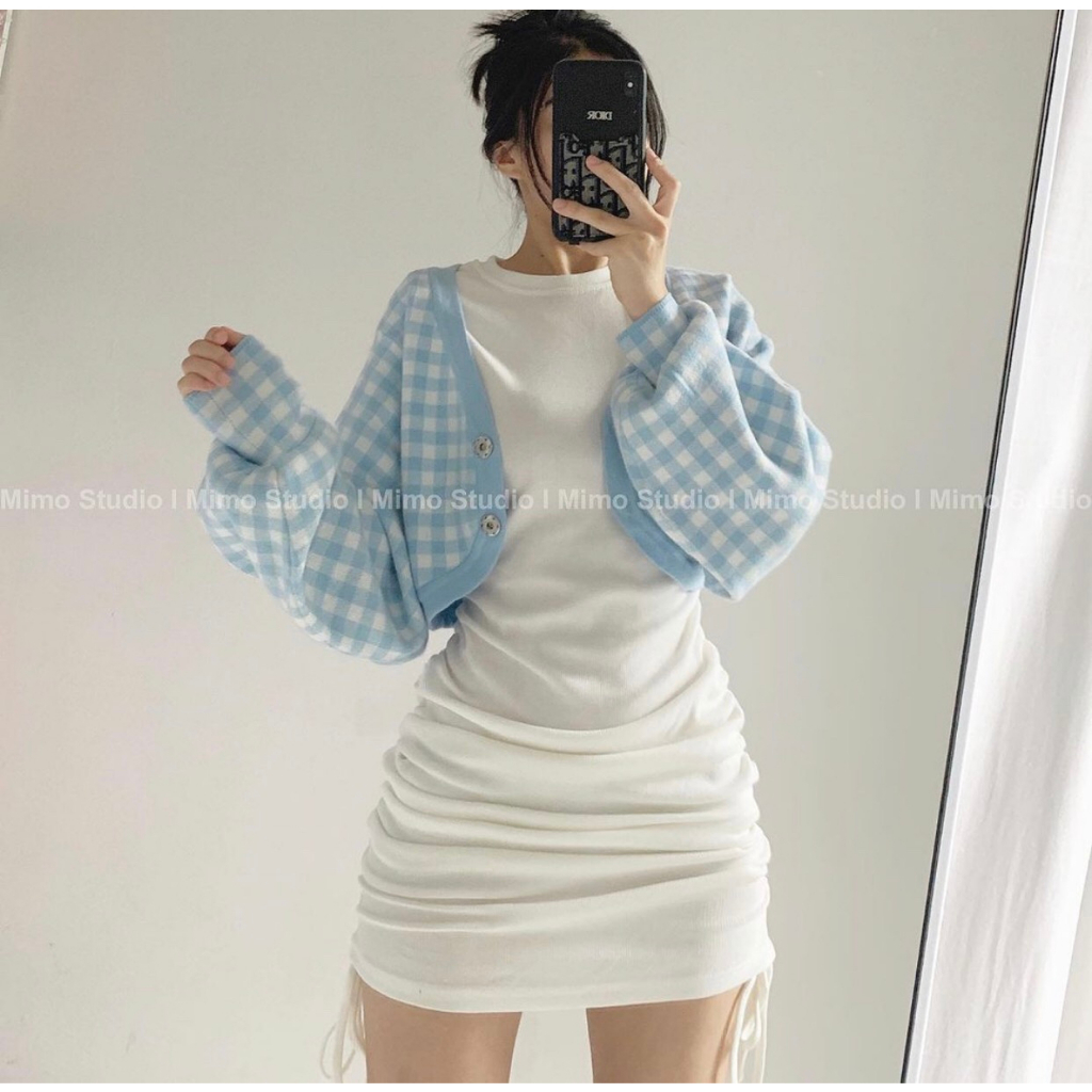 -  Quà tặng sinh nhật,bạn gái Áo cardigan caro tay to/ Đầm không tay