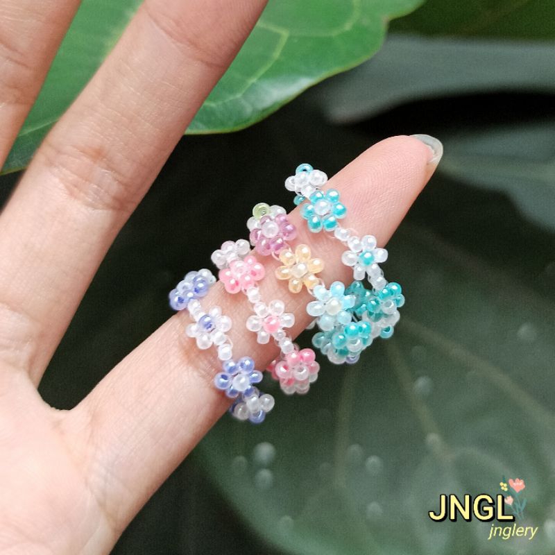 Nhẫn hạt cườm gạo kết hoa nhí kiểu Hàn nhiều mẫu