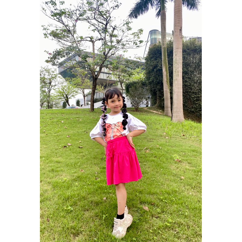 Sét bộ thun mùa hè size đại cho bé gái gồm áo thun cotton hình nơ xinh xắn phối chân váy có quần lót