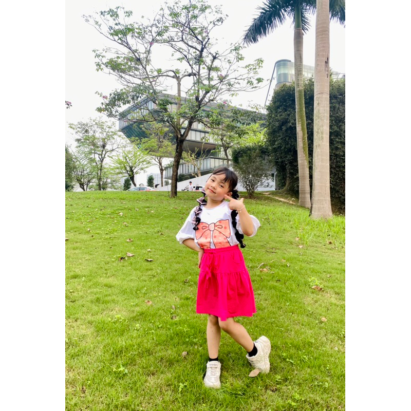 Sét bộ thun mùa hè size đại cho bé gái gồm áo thun cotton hình nơ xinh xắn phối chân váy có quần lót