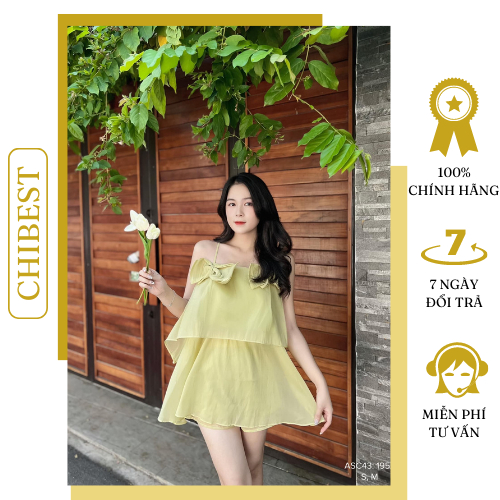 Set short tơ lụa áo 2 dây tầng nơ đôi siêu bánh bèo xinh xắn CHIBEST ASC43