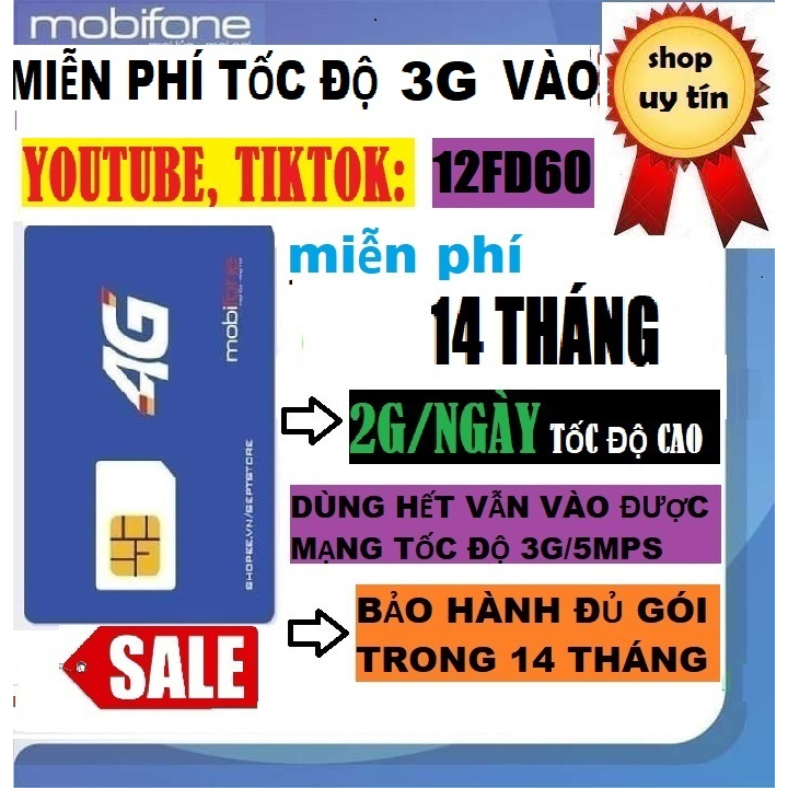 Sim 4G Mobifone 12FD60-2Gb/ngày , dùng data ko giới hạn truy cập - Hàng chính hãng