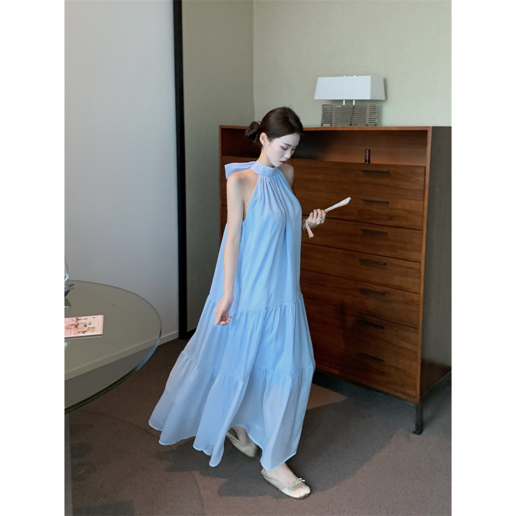 Đầm maxi voan mềm mại dài xanh dương cổ yếm buộc dây nơ xinh cao cấp (chat để check hàng)