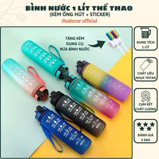 Bình nước 1 lít thể thao màu gradient có vạch báo giờ uống, bình nhắc uống nước 1 lít