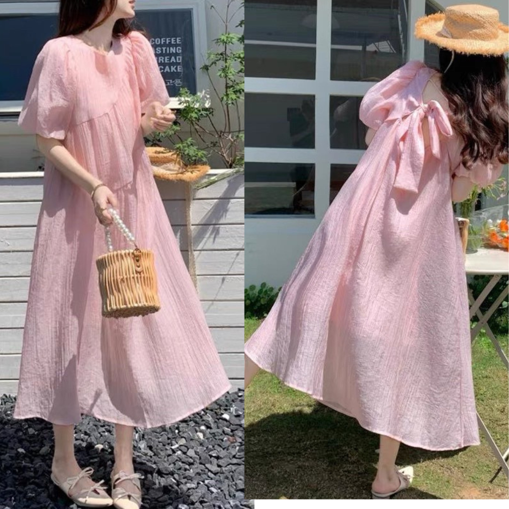 Váy đầm suông dáng dài nơ lưng màu hồng tiểu thư myra - VayD373