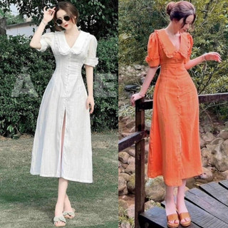 Váy đầm nữ tay ngắn bèo cổ xẻ tà có nút bọc kiểu dáng trẻ trung xinh xắn, đầm dự tiệc siêu sang chảnh T321 - Yado