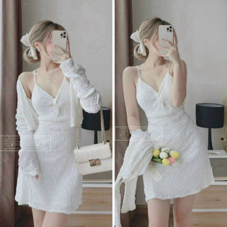 Set bộ đồ nữ đầm 2 dây mix áo khoác ngoài xoắn ngực xinh xắn dành cho các nàng đi chơi, dự tiệc T338 - Yado