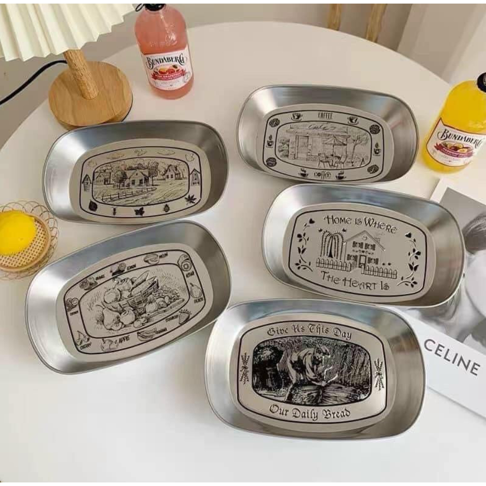 SET 2 ĐĨA INOX DECOR TRANG TRÍ HỌA TIẾT VINTAGE