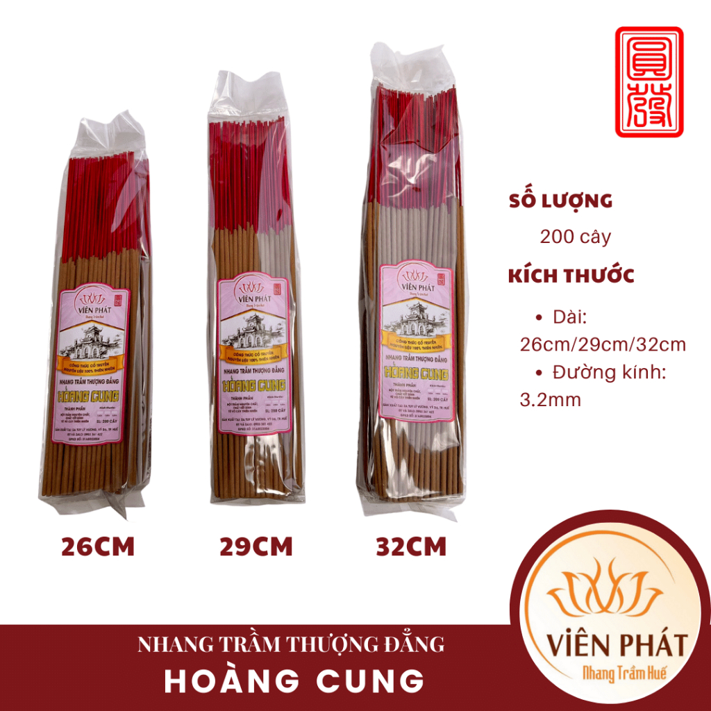 Nhang Trầm Thượng Đẳng Hoàng Cung công thức cổ truyền Không Hóa Chất Túi 200 Cây Dài 26cm 29cm 32cm