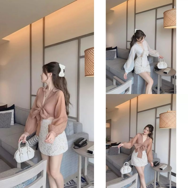 Set Đồ Nữ Ms.9633 Áo Sơ Mi Kiểu Phối Chân Váy Ren Hoa Nổi Sang Trọng