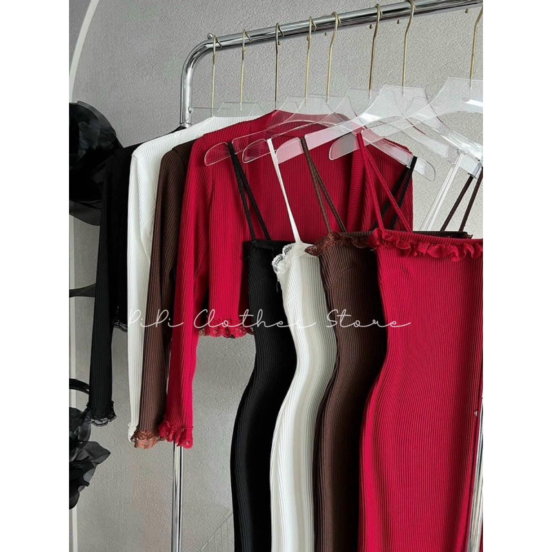 SET ĐẦM 2 DÂY GÂN FORM DÀI TÔN DÁNG KÈM KHOÁC TAY DÀI