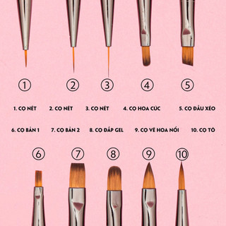 Sét cọ 10 cây vẽ móng chuyên dụng Lawei lông mượt cho thợ nail spa - Kitty Nail Supply