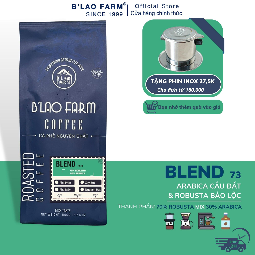 Cà phê nguyên chất BLEND B’Lao Farm 70% cà phê Robusta 30% cà phê Arabica cà phê rang mộc pha phin pha máy ngọt hậu C73