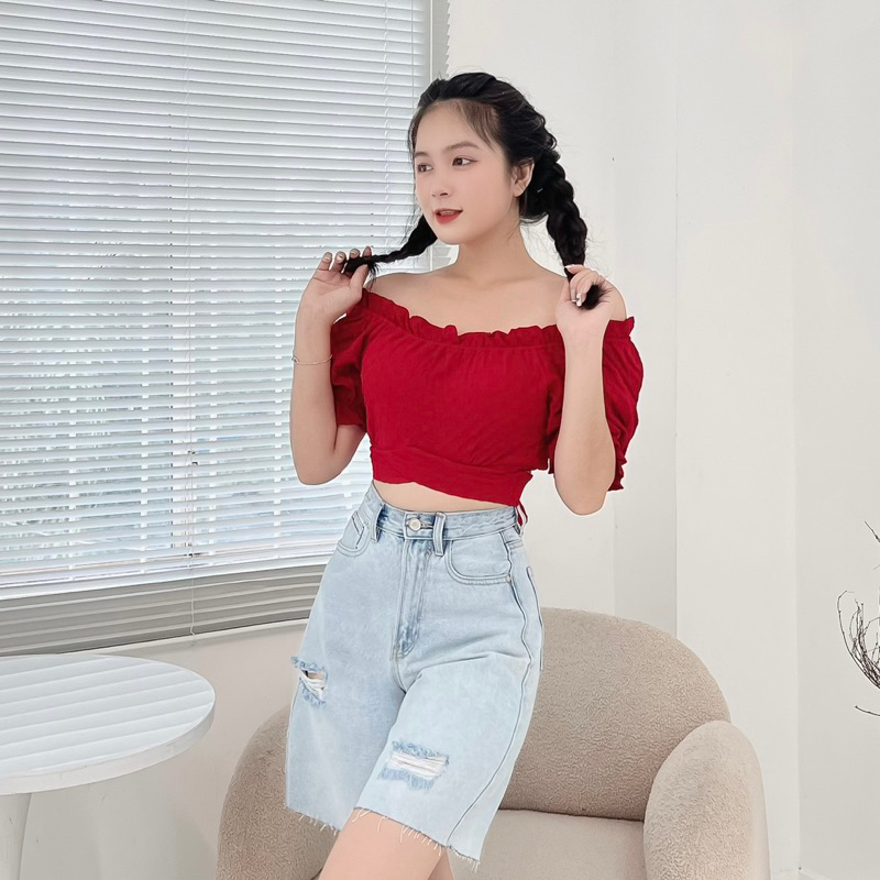 Áo Kiểu MIRABOZZI Sexy Line Cột Dây Màu Đỏ Đậm