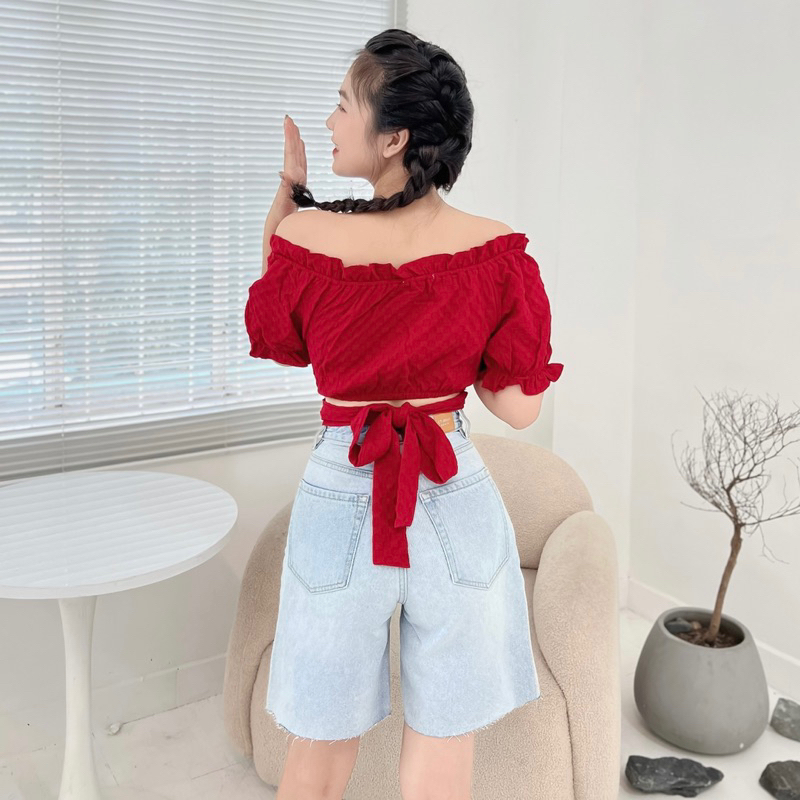 Áo Kiểu MIRABOZZI Sexy Line Cột Dây Màu Đỏ Đậm