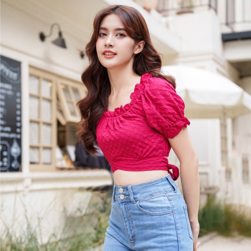 Áo Kiểu MIRABOZZI Sexy Line Cột Dây Màu Đỏ Đậm