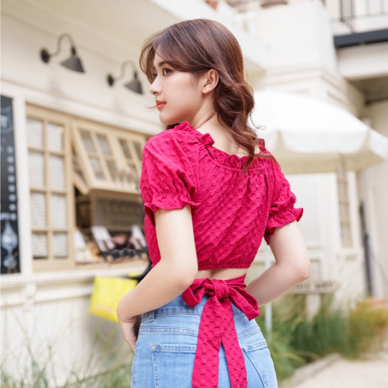 Áo Kiểu MIRABOZZI Sexy Line Cột Dây Màu Đỏ Đậm