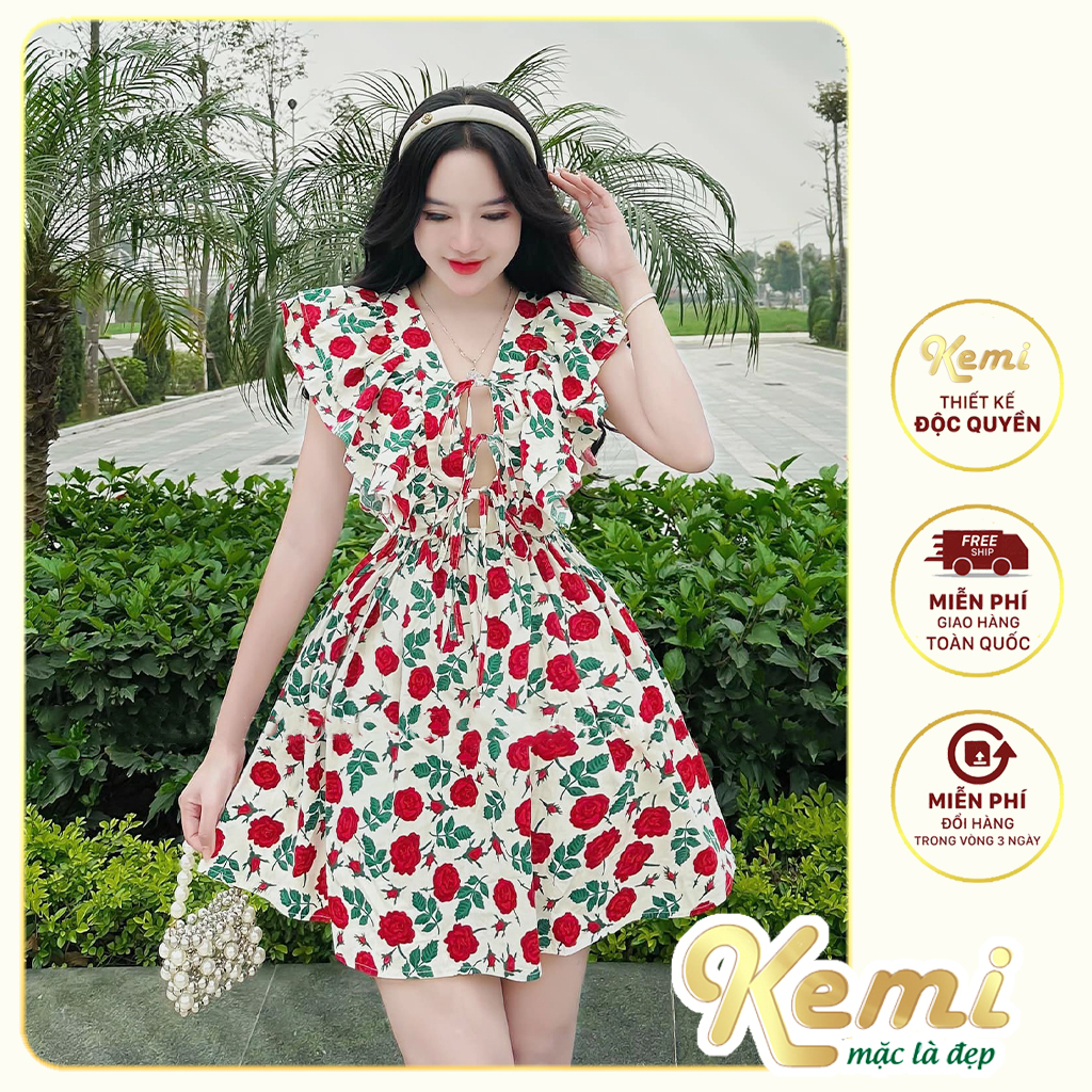 Váy tiểu thư vai xòe cánh tiên thắt dây nơ ngực dáng mini chất siêu đẹp Kemi đầm hoa nhí thiết kế cực xinh