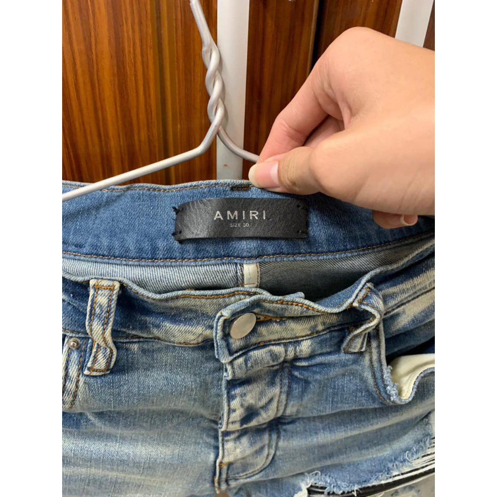 Quần AMIRI Like_Auth Xanh Mài Bạc 4 Khuy Lót Da Nhăn Gối Quần bò nam xanh nhạt vá gối họa tiết Hot Trend