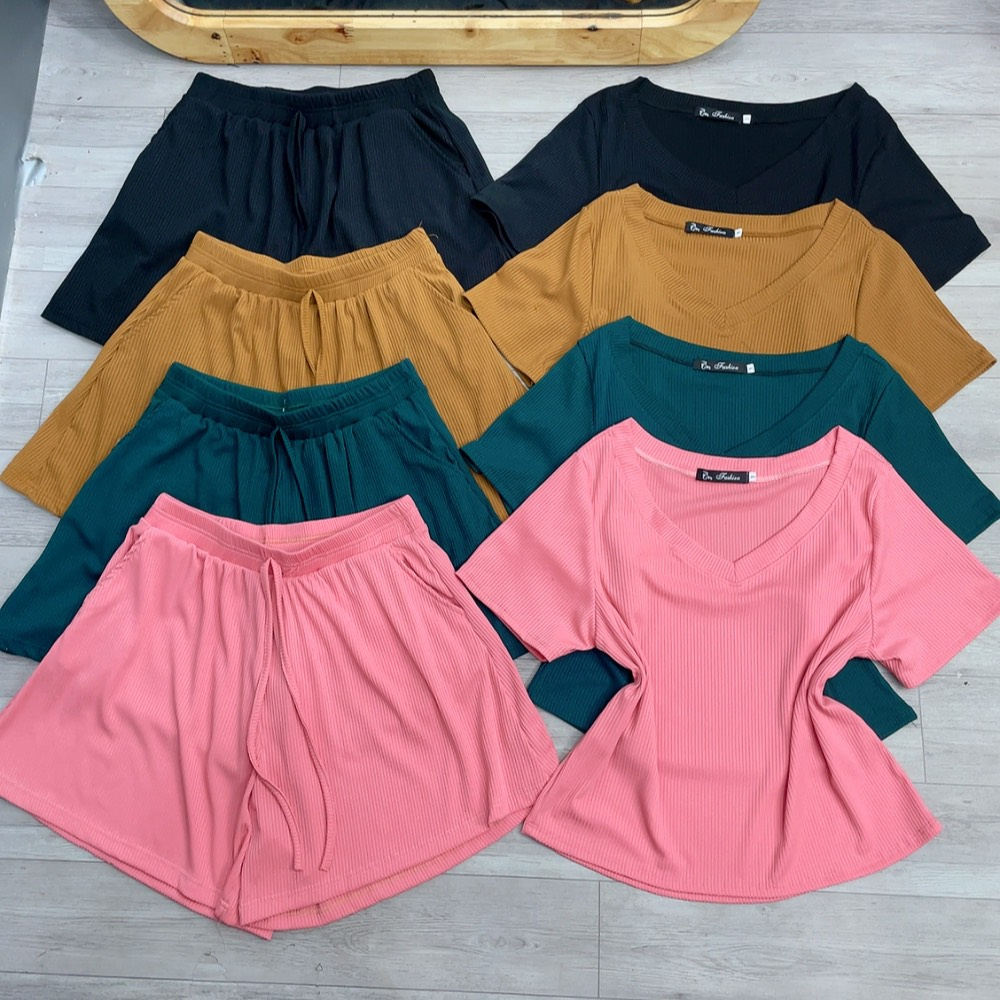 Set 2 Món Bigsize Nữ Quần Đùi Lưng Thun Và Áo Cổ Tim Chất Vải Thun Gân Co Giãn Mã SET21