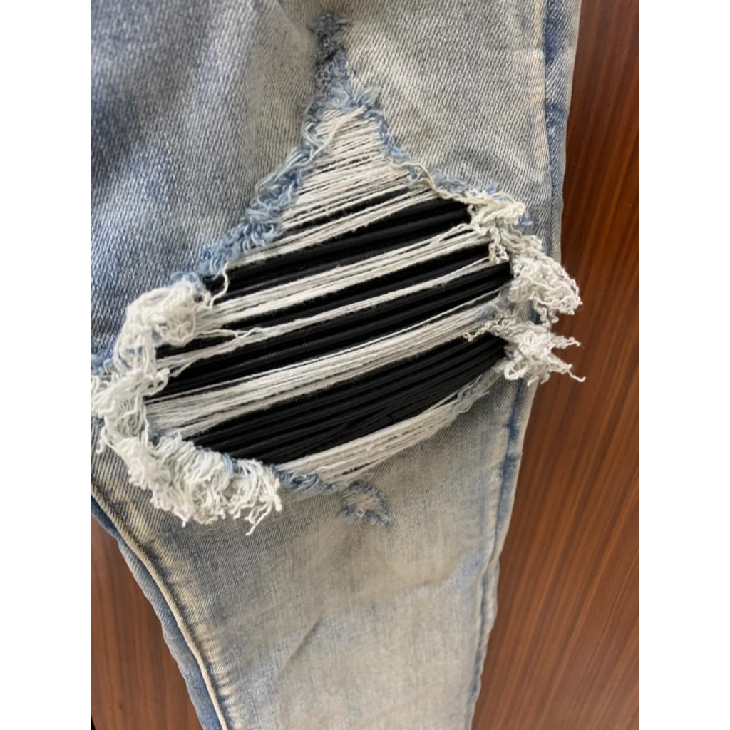 Quần AMIRI Like_Auth Xanh Mài Bạc 4 Khuy Lót Da Nhăn Gối Quần bò nam xanh nhạt vá gối họa tiết Hot Trend