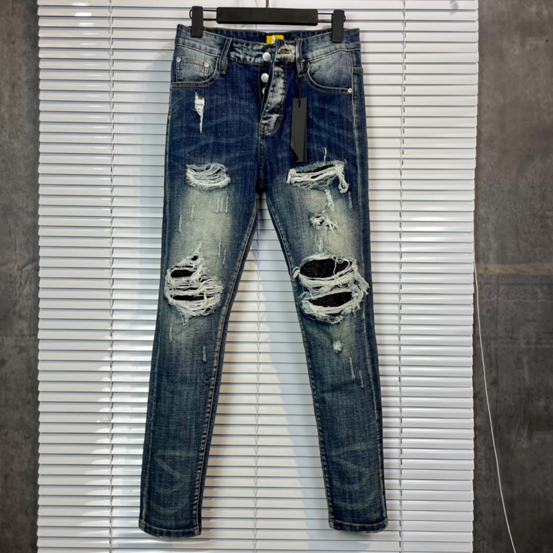 Quần Jean Nam 4 Khuy Xanh Rách Vá Kim Tuyến, Quần bò nam Amiri slimfit 4 cúc bản like_Au xanh sẫm