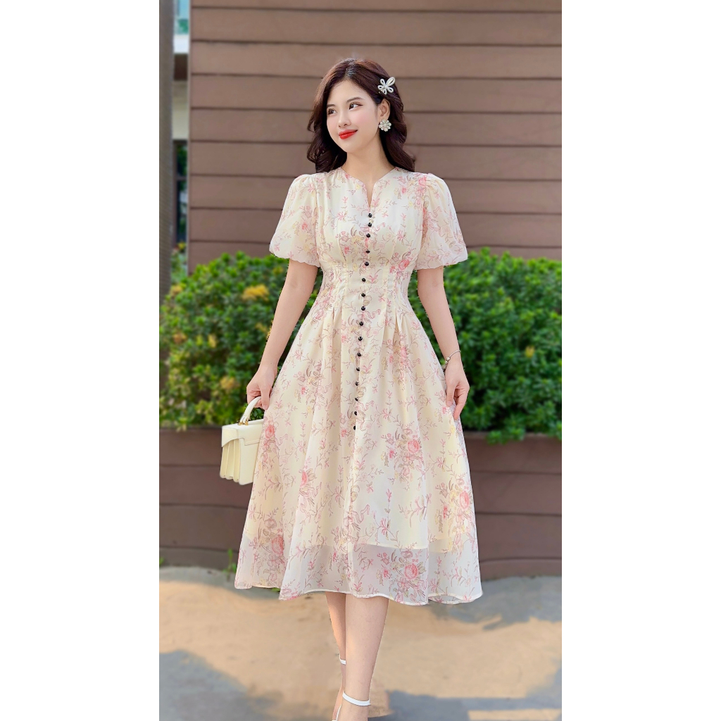 Đầm hoa dự tiệc thiết kế Giấu Bụng ôm eo tôn dáng sang trọng, Váy nữ 2 lớp cao cấp - Thiết Kế 100%