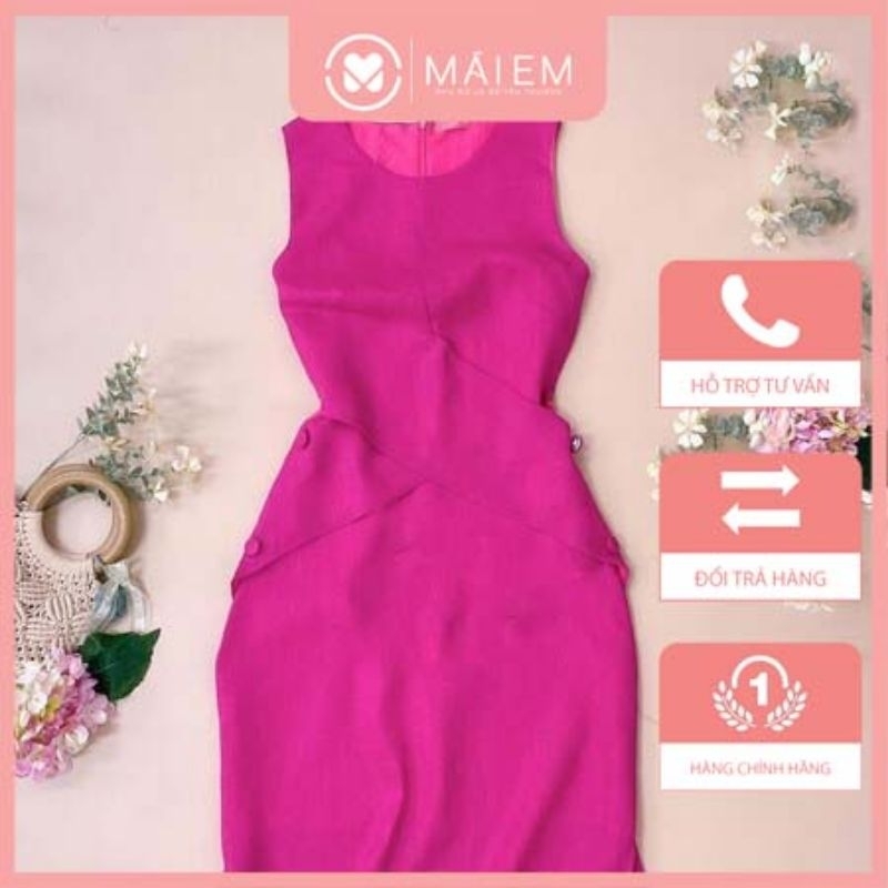 Đầm linen nữ tay sát nách cổ tròn màu hồng chất mát đủ size _V1061