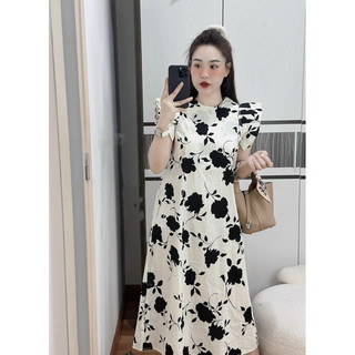 Đầm suông linen tay xếp li cánh tiên hoạ tiết hoa