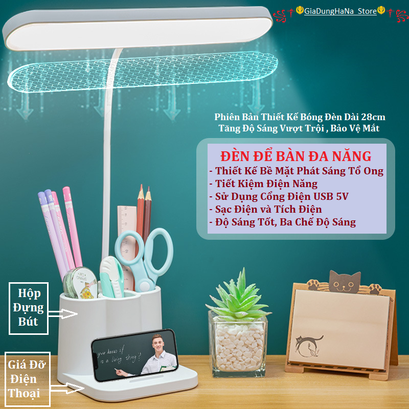 Đèn bàn học để bàn sạc pin tích điện có 3 chế độ ánh sáng trắng, vàng và trắng ấm điều chỉnh được độ sáng