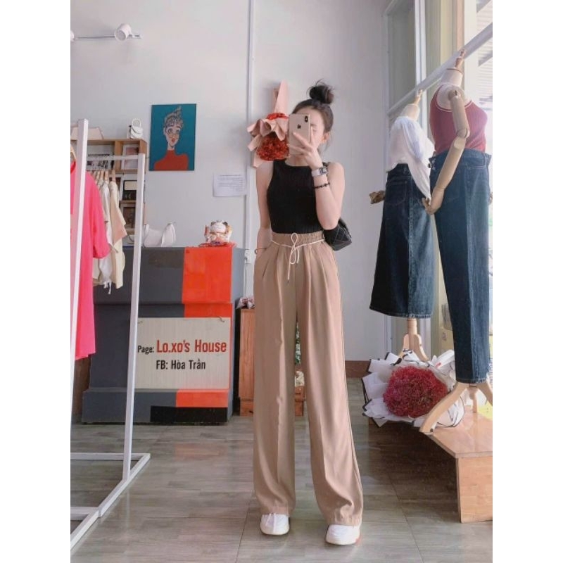 Quần ống rộng dài phủ chân lưng thun phối dây cột cá tính