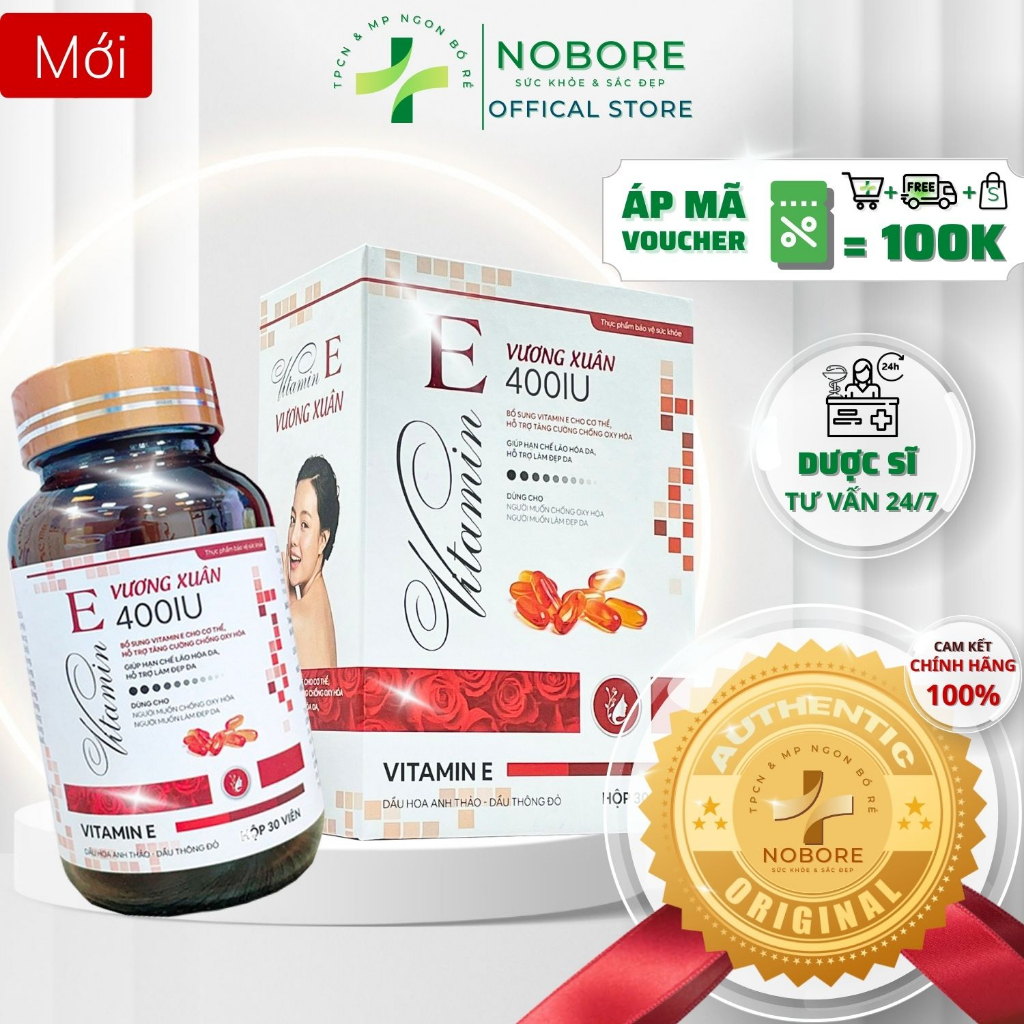 Vitamin E Vương Xuân - Bổ Sung Vitamin E Cho Cơ Thể Giúp Hạn Chế Lão Hóa, Làm Đẹp Da (Hộp 30 viên) | Chính Hãng [NOBORE]