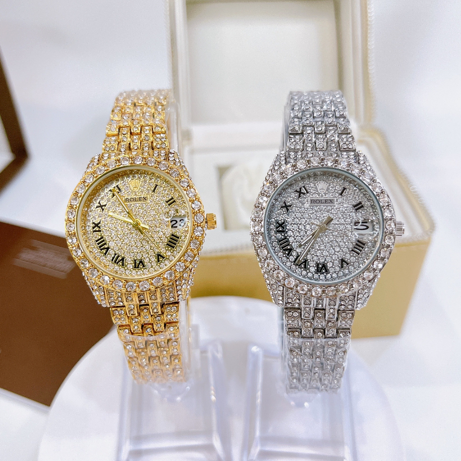 Đồng hồ đính đá Rolex, size 32mm, máy pin, kính khoáng cứng, chông nước, sang trọng dành cho nữ