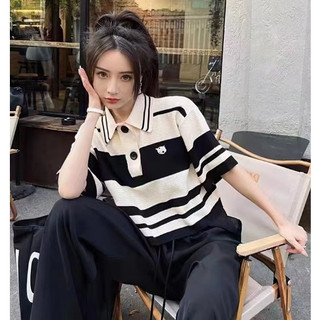 Áo len mongto ghi polo nữ kẻ sọc phong cách