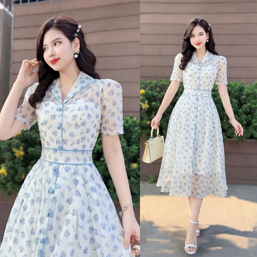 Váy hoa thiết kế cổ Vest kiểu dáng công sở cực xinh - XU XU SHOP - Đầm hoa voan tơ cao cấp mặc đi làm, đi chơi