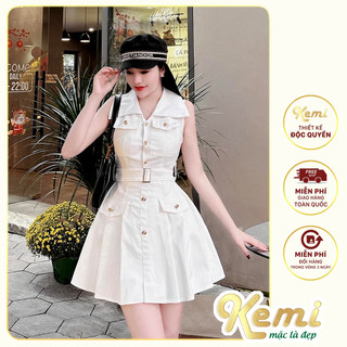Váy đầm tafta cổ sơ mi sát nách cúc đồng xếp ly Kemi thiết kế
