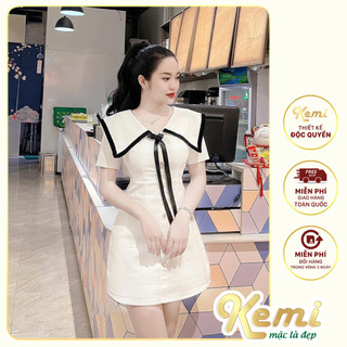 Váy trắng nữ xinh cổ bản lớn viền đen dây ruy băng kết nơ Kemi đầm tiểu thư thanh lịch