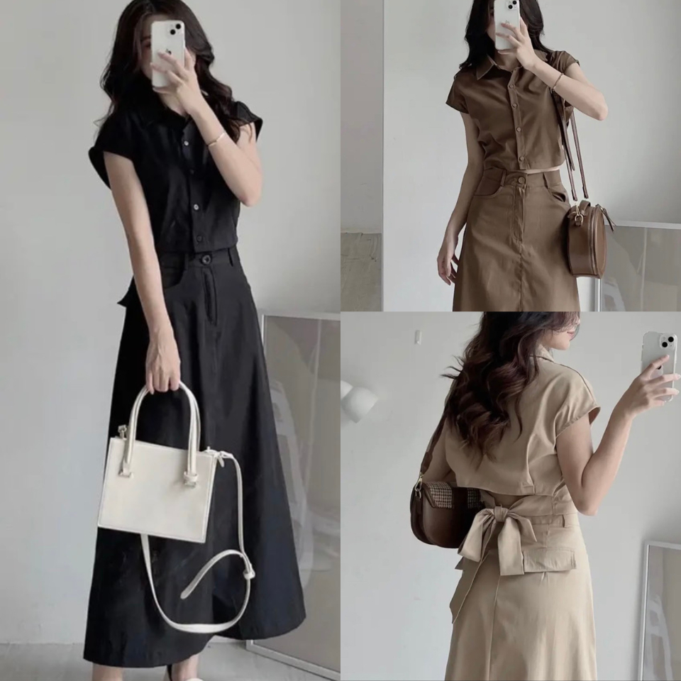 Set đồ nữ đi chơi S.133, Set áo croptop cổ đức khoét nách nơ lưng kèm chân váy dáng dài 4 màu basic - Shop Chấm Bi