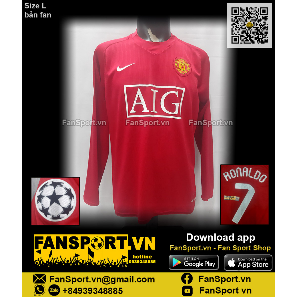 Áo đấu cầu thủ bóng đá Cristiano Ronaldo 7 Manchester United 2007 2008 2009 home shirt jersey long chính hãng size L
