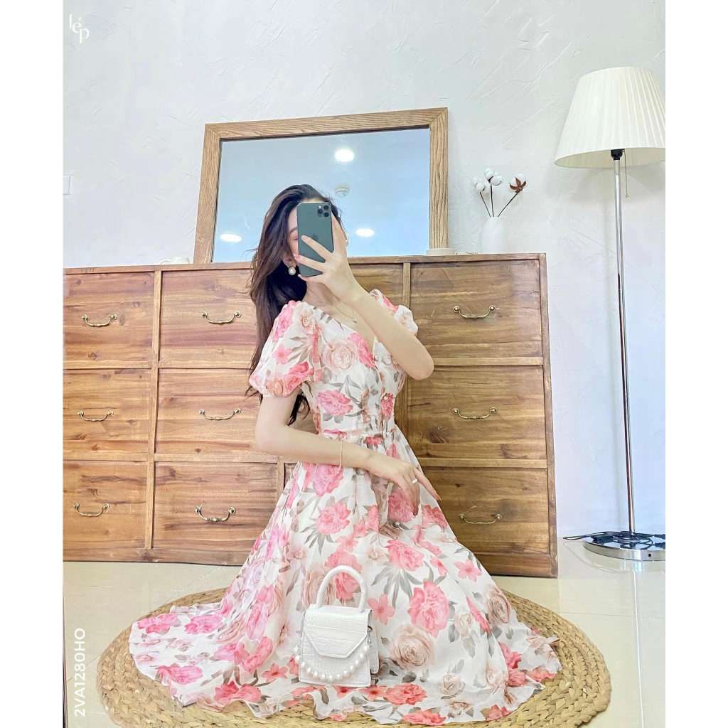 Pass đầm thiết kế LÉP hoa hồng size L công sở dáng xòe (thanh lý)