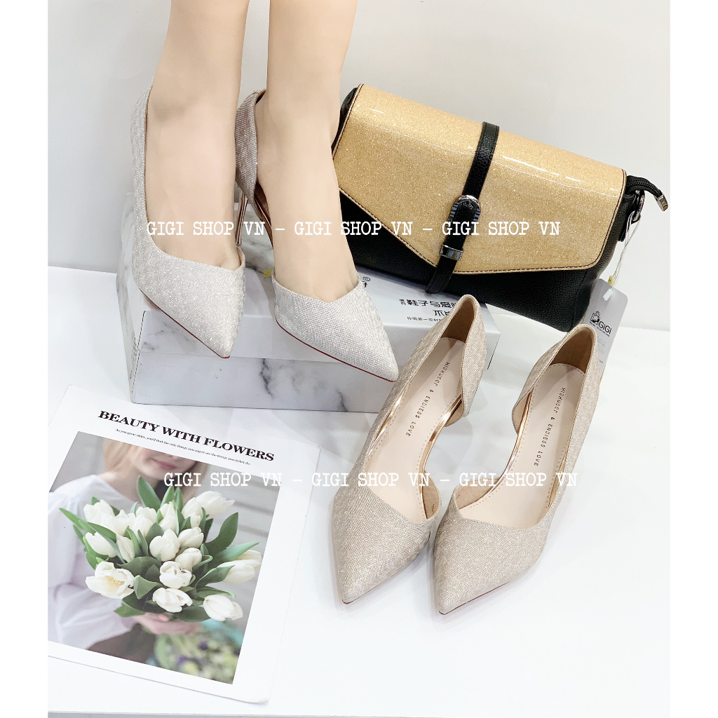 GIÀY GÓT NHỌN KIM TUYẾN KHOÉT EO 7CM - GIÀY CAO GÓT GIGISHOPVN GICAGO- C240
